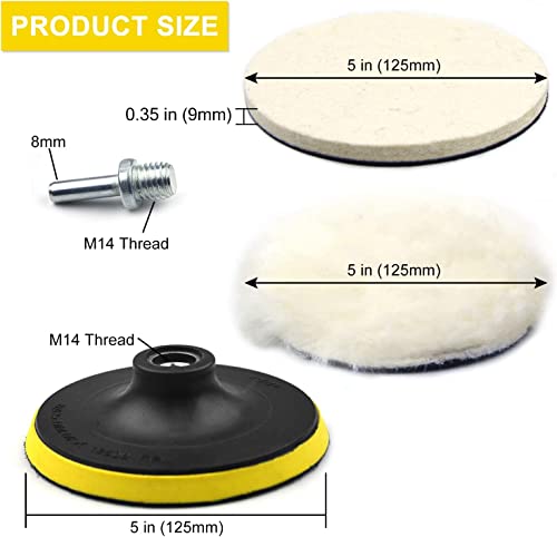 5 Inch Buffing Wool Pads 8PCS Kits, Felt Polishing Pad Buffing Wheel for Drill Woolen Wax Pad and Hook & Loop Backing Plate with 8mm M14 Drill Adapter for Car & Boat Polishing, Waxing, Sealing, Glaze