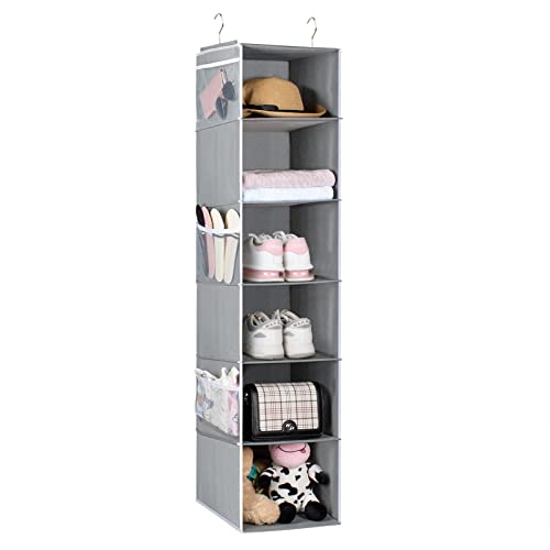 Univivi 6-Shelf Hanging Shoes Closet Shelves 6-Layer Collapsible Hanging Closet Shoe Shelves Organizer with 6 Side Pockets Wardrobe Clothes Organizer for Closet - Gray