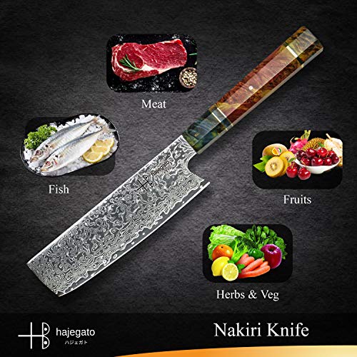 hajegato Damascus Chef Knife Unique One of Kind Handle Professional Japanese Chefs Kitchen Knife Vg10 67 Layers Damascus Steel Knive (Nakiri 7")