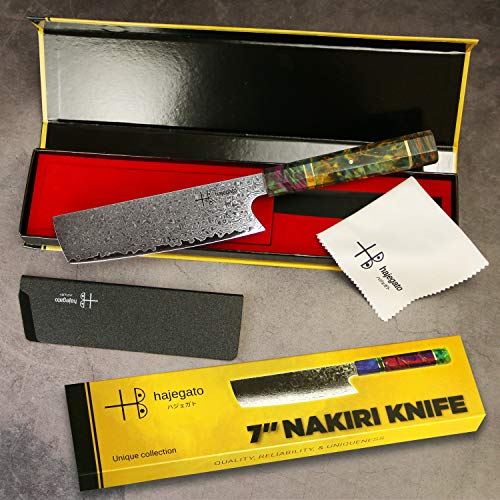 hajegato Damascus Chef Knife Unique One of Kind Handle Professional Japanese Chefs Kitchen Knife Vg10 67 Layers Damascus Steel Knive (Nakiri 7")
