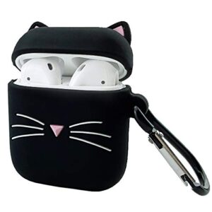 molova case for airpods 1&2 case,soft silicone 3d cute funny fun cartoon character kawaii airpods cover shockproof  full protection skin case with keychain (black whisker lucky cat kitty)