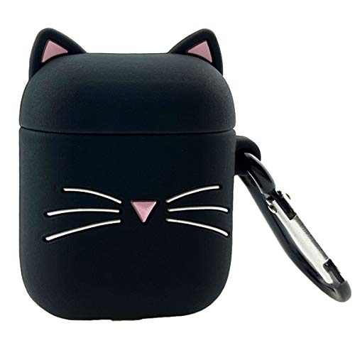 MOLOVA Case for Airpods 1&2 Case,Soft Silicone 3D Cute Funny Fun Cartoon Character Kawaii Airpods Cover Shockproof  Full Protection Skin case with Keychain (Black Whisker Lucky Cat Kitty)