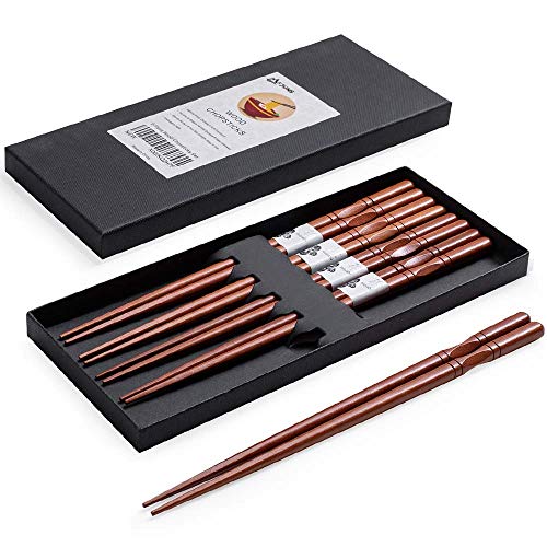 MFJUNS 5-Pairs Reusable Japanese Chopsticks, Non-slip Design Natural Wood Chopsticks, Lightweight and Easy to Use, Chopsticks Suitable for Beginners, 8.8 Inch/22.5cm Gift Set