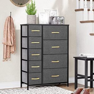 Crestlive Products Vertical Dresser Storage Tower - Sturdy Steel Frame, Wood Top, Easy Pull Fabric Bins, Wood Handles - Organizer Unit for Bedroom, Hallway, Entryway, Closets - 9 Drawers (Gray)