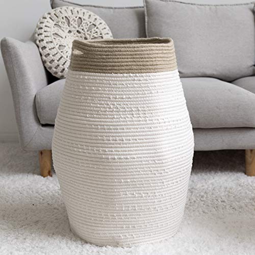 LA JOLIE MUSE Jumbo Laundry Hamper 24 Inch, Tall Cotton Rope Woven Basket Hamper for Laundry Clothes Bathroom, White & Linen