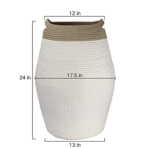 LA JOLIE MUSE Jumbo Laundry Hamper 24 Inch, Tall Cotton Rope Woven Basket Hamper for Laundry Clothes Bathroom, White & Linen