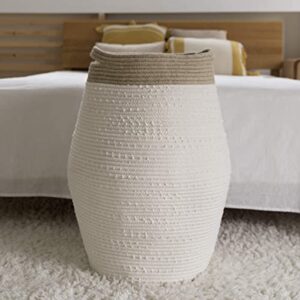 LA JOLIE MUSE Jumbo Laundry Hamper 24 Inch, Tall Cotton Rope Woven Basket Hamper for Laundry Clothes Bathroom, White & Linen