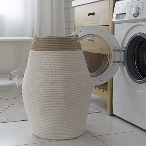 LA JOLIE MUSE Jumbo Laundry Hamper 24 Inch, Tall Cotton Rope Woven Basket Hamper for Laundry Clothes Bathroom, White & Linen