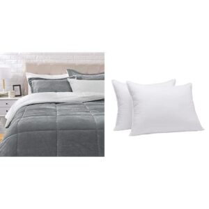 amazon basics ultra-soft micromink sherpa comforter bed set - charcoal, full/queen & down-alternative pillows, soft density for stomach and back sleepers - standard (pack of 2), white