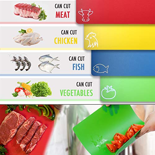 Cutting Board Mats Flexible Plastic Colored Mats with Food Icons, Fotouzy BPA-Free, Non-Porous, Anti-skid back and Dishwasher Safe, Set of 7+1