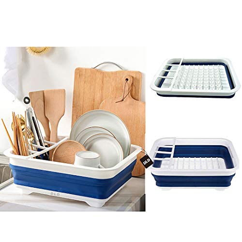 Multifunction KitchenDrying Dish Rack Collapsible Dish Drainer Rack Folding Bowl Drain Rack Tableware Holder Fruit Basket Organizer (Blue)