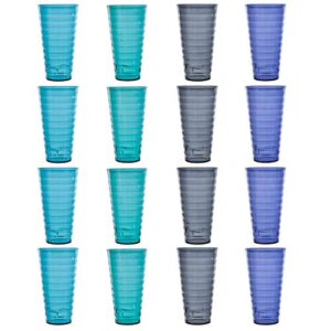 US Acrylic Splash 18 ounce Plastic Stackable Water Tumblers in 4 Coastal Colors | Value Set of 16 Drinking Cups | Reusable, BPA-free, Made in the USA, Top-rack Dishwasher Safe