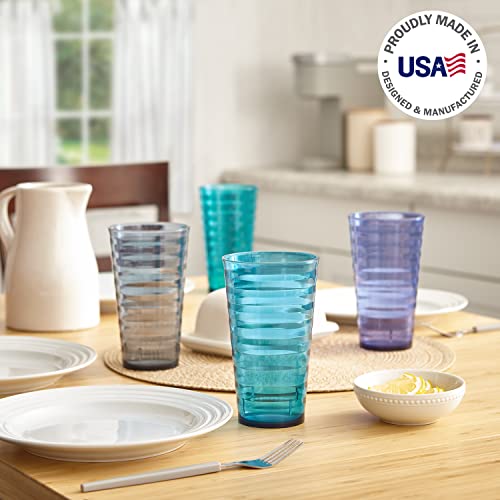 US Acrylic Splash 18 ounce Plastic Stackable Water Tumblers in 4 Coastal Colors | Value Set of 16 Drinking Cups | Reusable, BPA-free, Made in the USA, Top-rack Dishwasher Safe