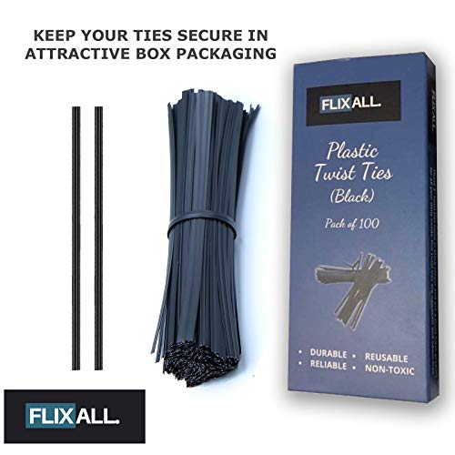 Flixall. 5 inches Twist Ties Pack of 100 - Premium Quality Reusable Black Plastic Coated Twist Ties for Bags, Cords - Bread Ties for Household