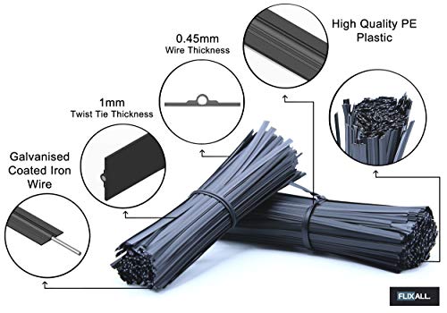 Flixall. 5 inches Twist Ties Pack of 100 - Premium Quality Reusable Black Plastic Coated Twist Ties for Bags, Cords - Bread Ties for Household