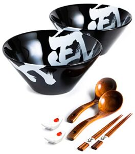 bicetto ceramic japanese ramen bowl set, 60oz large ramen bowls with chopsticks, spoons and chopstick rests – bowl for ramen, pho, salad, poke, soup, udon – minimalist design, premium quality, black