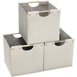 hoonex collapsible storage bins, 13x13x13in storage cubes linen fabric, 3 pack, storage baskets with wooden carry handles and sturdy heavy cardboard, for home, office, car, nursery, beige