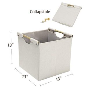 HOONEX Collapsible Storage Bins, 13x13x13in Storage Cubes Linen Fabric, 3 Pack, Storage Baskets with Wooden Carry Handles and Sturdy Heavy Cardboard, for Home, Office, Car, Nursery, Beige