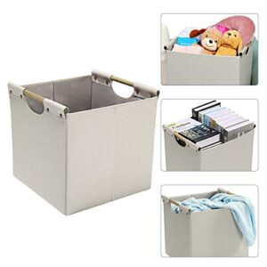 HOONEX Collapsible Storage Bins, 13x13x13in Storage Cubes Linen Fabric, 3 Pack, Storage Baskets with Wooden Carry Handles and Sturdy Heavy Cardboard, for Home, Office, Car, Nursery, Beige