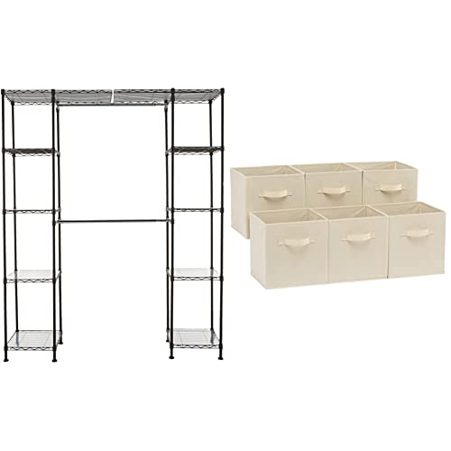 Amazon Basics Expandable Metal Hanging Storage Organizer Rack Wardrobe with Shelves, 14"-63" x 58"-72", Bronze & Collapsible Fabric Storage Cubes Organizer with Handles, Beige - Pack of 6