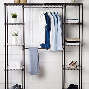 Amazon Basics Expandable Metal Hanging Storage Organizer Rack Wardrobe with Shelves, 14"-63" x 58"-72", Bronze & Collapsible Fabric Storage Cubes Organizer with Handles, Beige - Pack of 6