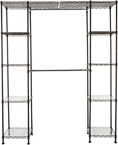 Amazon Basics Expandable Metal Hanging Storage Organizer Rack Wardrobe with Shelves, 14"-63" x 58"-72", Bronze & Collapsible Fabric Storage Cubes Organizer with Handles, Beige - Pack of 6