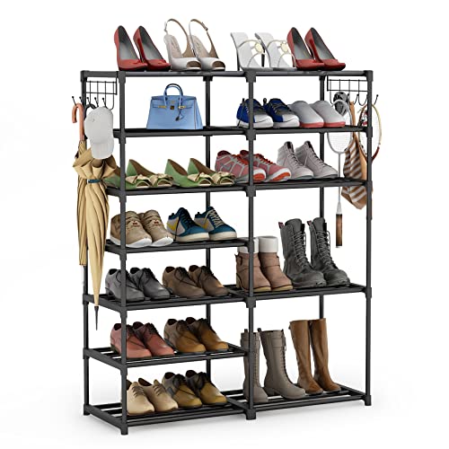 Tribesigns Shoe Shelf Shoe Storage Organizer with Side Hooks For Entryway, 24-30 Pairs Metal Shoe Rack Taller Shoes Boots Organizer