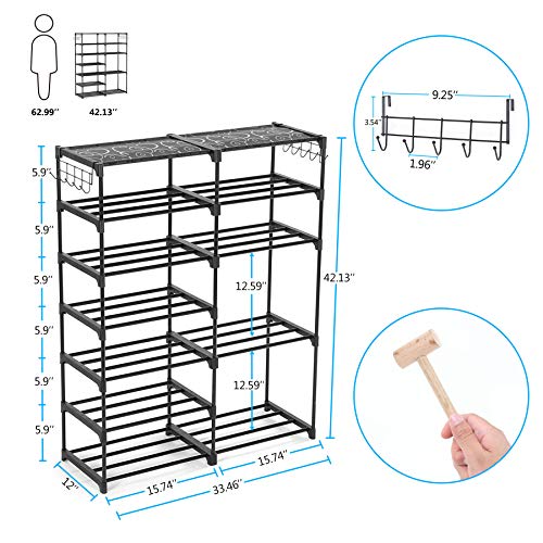 Tribesigns Shoe Shelf Shoe Storage Organizer with Side Hooks For Entryway, 24-30 Pairs Metal Shoe Rack Taller Shoes Boots Organizer