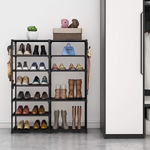 Tribesigns Shoe Shelf Shoe Storage Organizer with Side Hooks For Entryway, 24-30 Pairs Metal Shoe Rack Taller Shoes Boots Organizer