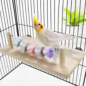 Pet Wood Perch Platform Springboard with Mineral Stone Molar Toy for Chinchilla Guinea Pig Rat Parrot Bird