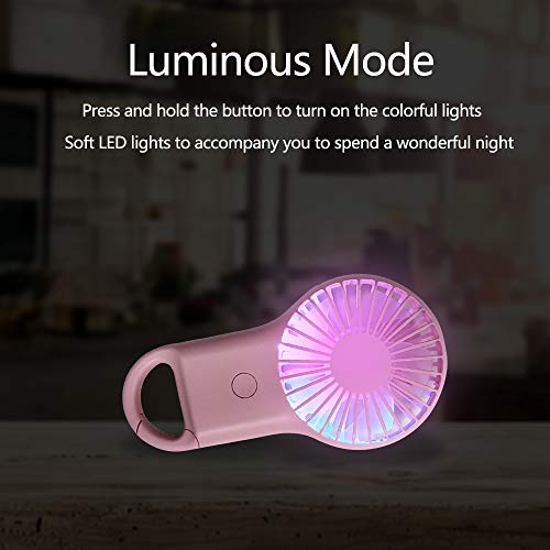 Hido Mini Handle Fan Battery Operate, Rechargeable Carabiner USB Mini Fan with Colorful Light, Portable Mini Handle Fan, Handle Fan Portable With Illumination for Camping Traveling Household, Pink
