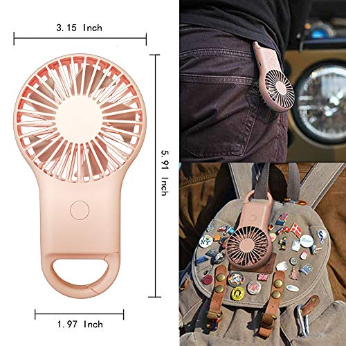 Hido Mini Handle Fan Battery Operate, Rechargeable Carabiner USB Mini Fan with Colorful Light, Portable Mini Handle Fan, Handle Fan Portable With Illumination for Camping Traveling Household, Pink