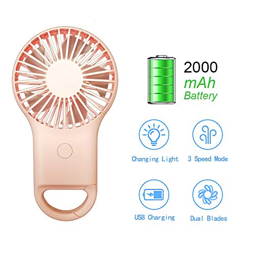 Hido Mini Handle Fan Battery Operate, Rechargeable Carabiner USB Mini Fan with Colorful Light, Portable Mini Handle Fan, Handle Fan Portable With Illumination for Camping Traveling Household, Pink