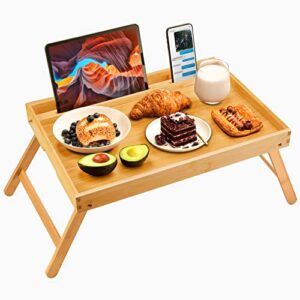bamboo bed tray table, large breakfast tray - 21.7x14 inch with folding legs, multipurpose serving tray use as portable laptop tray, snack tray, platter tray for working, eating, reading by pipishell