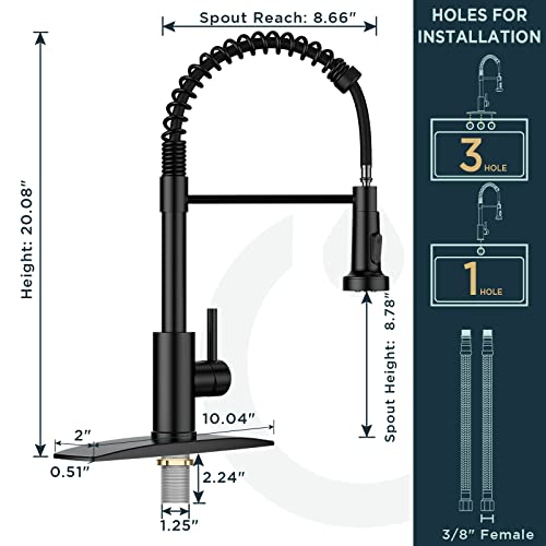 FORIOUS Black Kitchen Faucet with Pull Down Sprayer, Commercial Spring Kitchen Sink Faucet with Pull Out Sprayer, Single Handle Kitchen faucets with Deck Plate, Matte Black