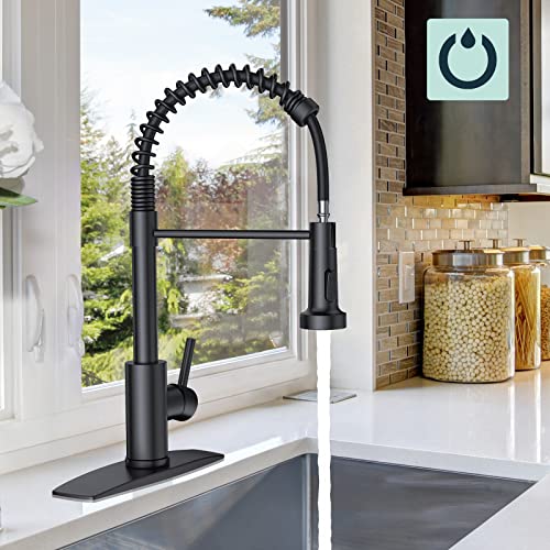FORIOUS Black Kitchen Faucet with Pull Down Sprayer, Commercial Spring Kitchen Sink Faucet with Pull Out Sprayer, Single Handle Kitchen faucets with Deck Plate, Matte Black