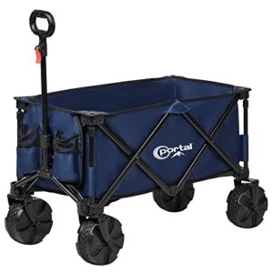 portal collapsible folding utility wagon, foldable wagon carts heavy duty, large capacity beach wagon with all terrain wheels, outdoor portable wagon for camping, garden, shopping, groceries, blue