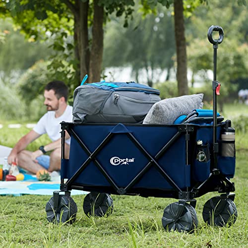 PORTAL Collapsible Folding Utility Wagon, Foldable Wagon Carts Heavy Duty, Large Capacity Beach Wagon with All Terrain Wheels, Outdoor Portable Wagon for Camping, Garden, Shopping, Groceries, Blue