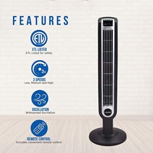 Lasko Oscillating Tower Fan, Remote Control, 3 Speeds, for Bedroom, Kitchen, Office, 36", Black, 2511 & 2535 52" Oscillating Pedestal Fan, 52 Inch, Silver Gray