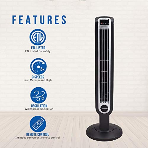 Lasko Oscillating Tower Fan, Remote Control, 3 Speeds, for Bedroom, Kitchen, Office, 36", Black, 2511 & 2535 52" Oscillating Pedestal Fan, 52 Inch, Silver Gray