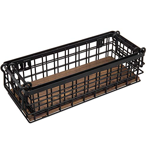 MyGift Wall Mounted or Tabletop Rustic Black Metal Wire and Burnt Wood Small Decorative Storage Baskets with Handles, Set of 2