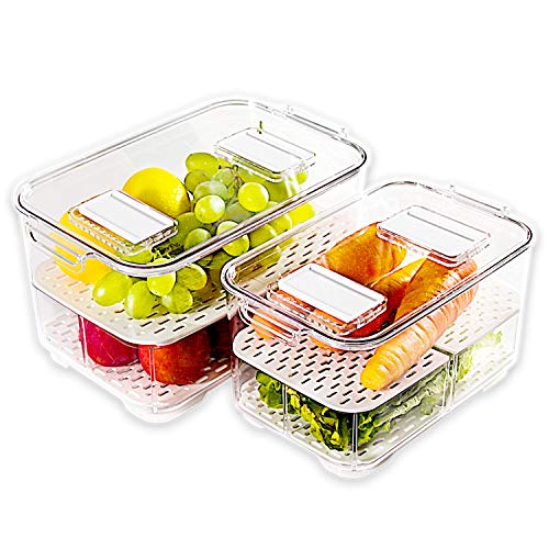 elabo Food Storage Containers Fridge Produce Saver- Stackable Refrigerator Organizer Keeper Drawers Bins Baskets with Lids and Removable Drain Tray for Veggie, Berry and Fruits, 1 Medium and 1 Large