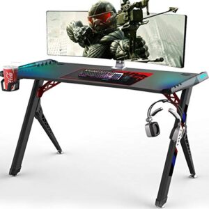 CNASA Gaming Desk,Premium Home Office PC Computer Table for Gamer Pro, Black Gaming Desks Workstation with RGB LED Lights,Cup Holder, Gaming Table,Writing Desk,Office Desk