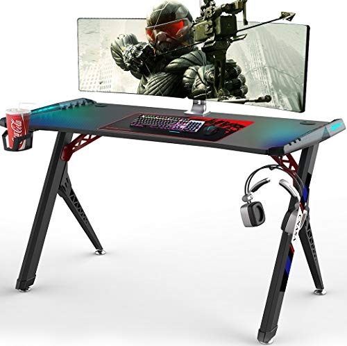 CNASA Gaming Desk,Premium Home Office PC Computer Table for Gamer Pro, Black Gaming Desks Workstation with RGB LED Lights,Cup Holder, Gaming Table,Writing Desk,Office Desk