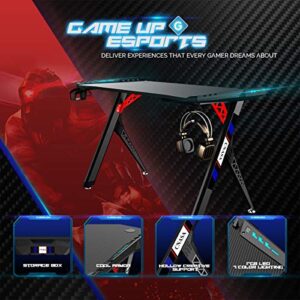 CNASA Gaming Desk,Premium Home Office PC Computer Table for Gamer Pro, Black Gaming Desks Workstation with RGB LED Lights,Cup Holder, Gaming Table,Writing Desk,Office Desk