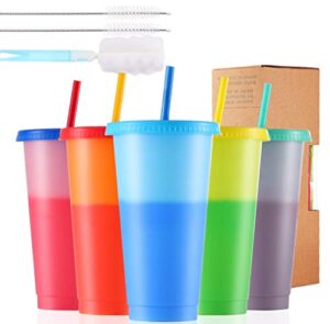 color changing cups, 24oz 5 reusable cold drink cups with lids and straws summer coffee tumblers party cup for adults