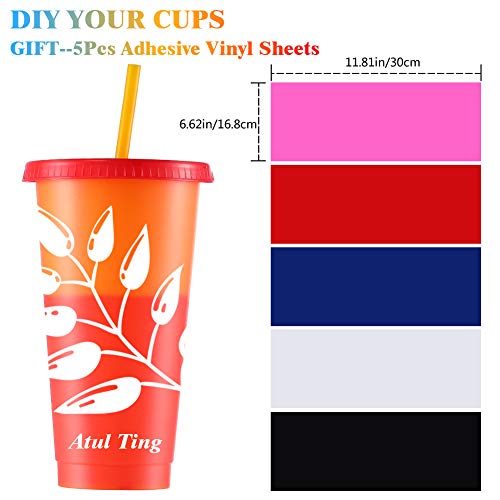 Color Changing Cups, 24oz 5 Reusable Cold Drink Cups with Lids and Straws Summer Coffee Tumblers Party Cup for Adults