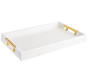 modern elegant 18"x12" rectangle white glossy shagreen decorative ottoman coffee table perfume living room kitchen serving tray with gold polished metal handles by home redefined for all occasion's
