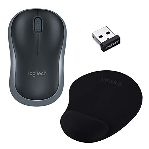 Vexko Bundle Logitech Wireless Computer Mouse M185 with Nano USB Unifying Receiver (Swift Gray) Ergonomic Gel Wrist Rest Mouse Pad (Black) Bundle-Kit