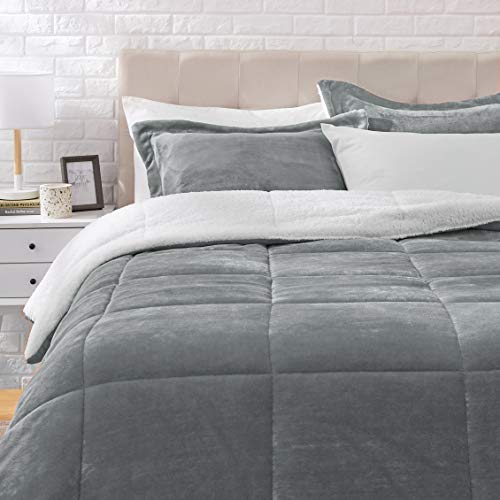 Amazon Basics Ultra-Soft Micromink Sherpa Comforter Bed Set - Charcoal, King & Down-Alternative Pillows, Soft Density for Stomach and Back Sleepers - King, 2-Pack
